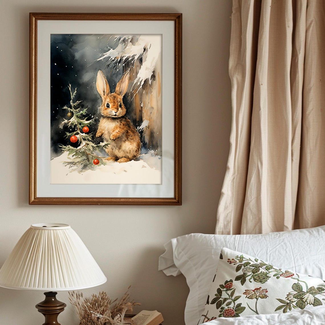 Vintage Christmas Bunny Snowy Night Small Tree Ornaments Poster - Image 6