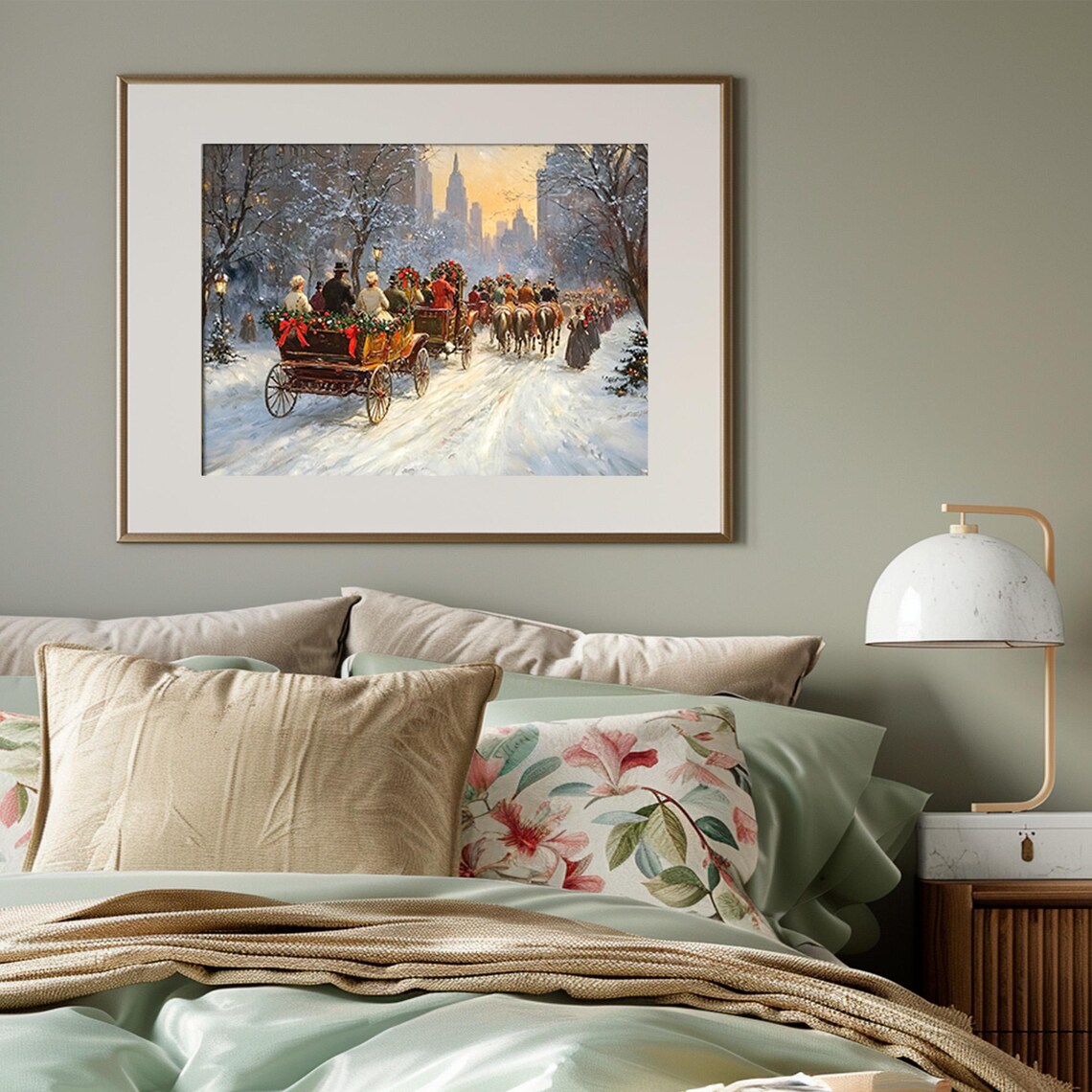 Vintage Horse Carriage Parade Snowy Christmas City Winter Print - Image 3