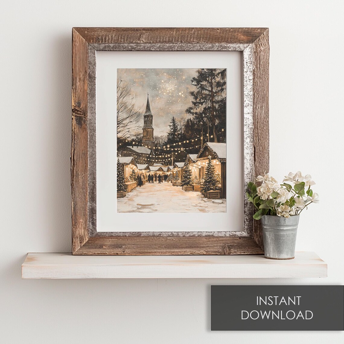 European Christmas Market Night Stalls Church Snow Holiday Poster - Image 6