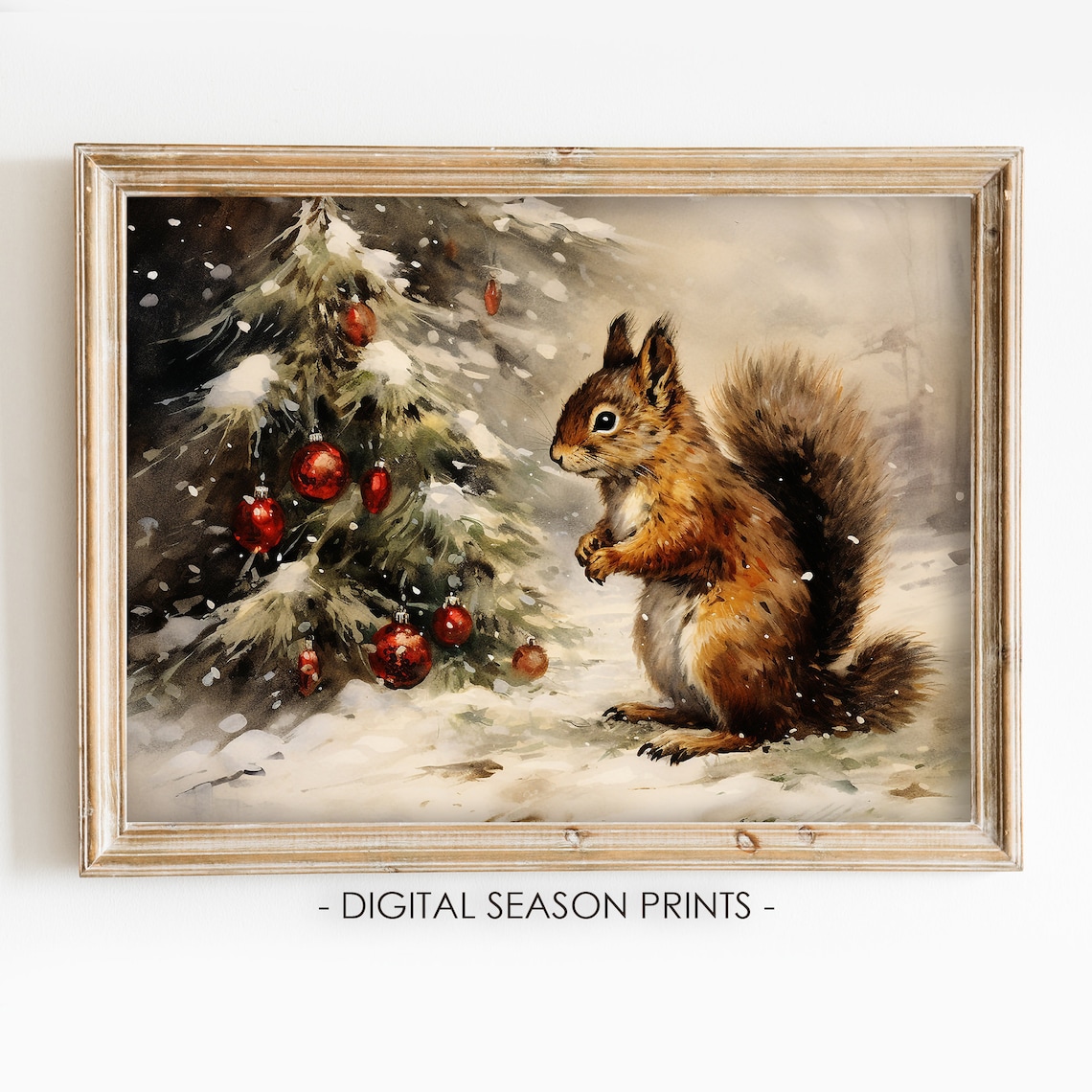 Squirrel Red Baubles Christmas Tree Snowy Forest Winter Animal Poster