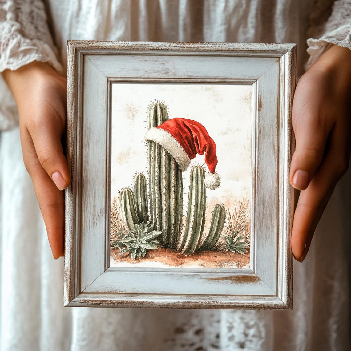 Saguaro Cactus Santa Hat Desert Christmas Southwest Fun Art Print - Image 3