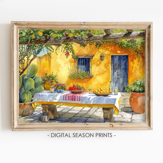 Sunny Mexican Courtyard with Cactus and Fruit Table Watercolor Poster