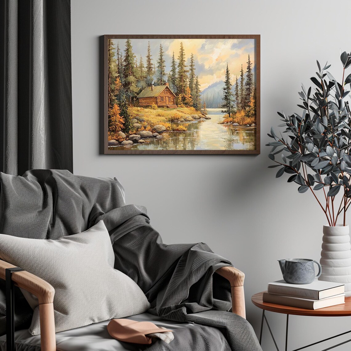 Log Cabin by the Lake Among Pine Trees Fall Landscape Poster - Image 4