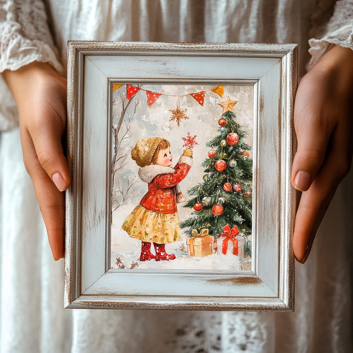 Little Girl Decorating a Christmas Tree Retro Storybook Holiday Poster - Image 3