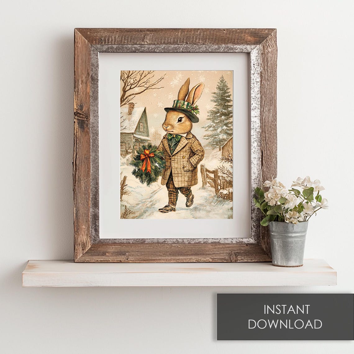 Dapper Christmas Bunny With Wreath In Snowy Village Scene Poster - Image 6