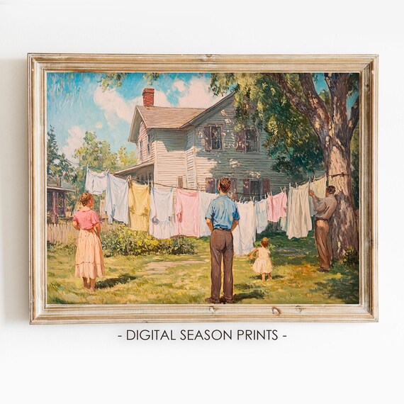 Vintage Laundry Day Family Backyard Farmhouse Summer Clothesline Poster