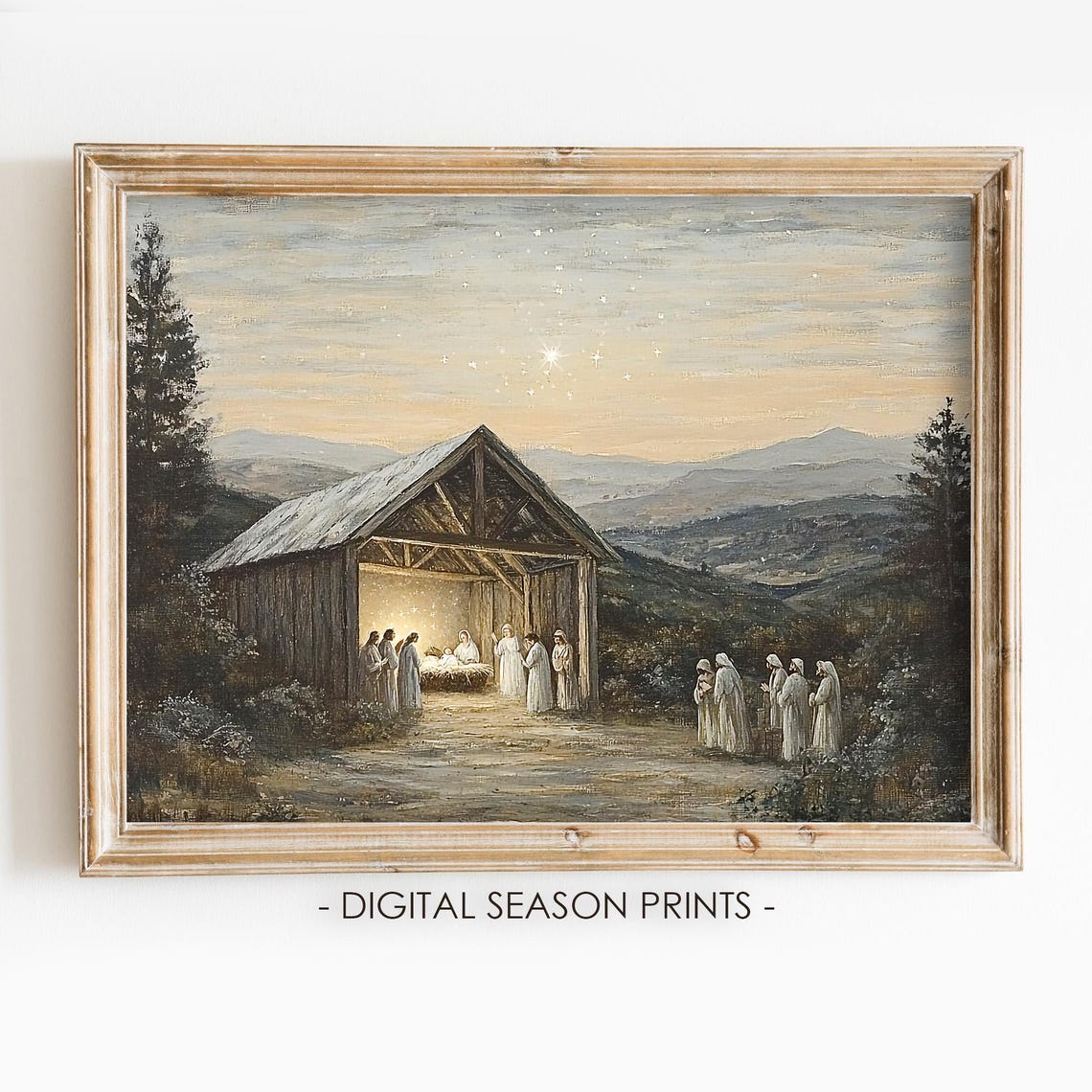 Nativity Scene Birth Of Baby Jesus Painting Vintage Christmas Wall Art Christian Wall Art Holy Family Print Starry Night Sky