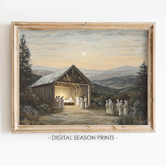 Nativity Scene Barn Bethlehem Star Vintage Christmas Night Poster