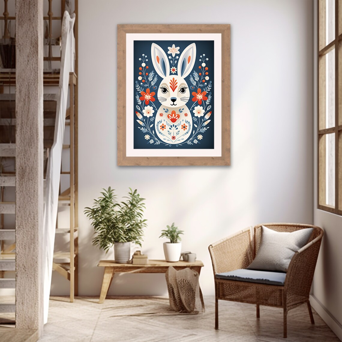 Scandinavian Folk Art Bunny Rabbit Floral Navy Woodland Art Print - Image 4