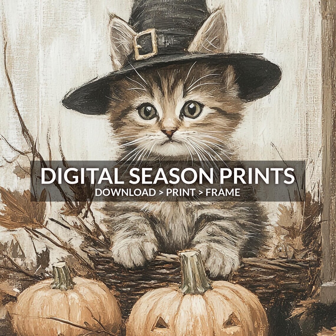 Halloween Kitten Witch Hat Jack O Lanterns Vintage Sepia Cat Art Poster - Image 6