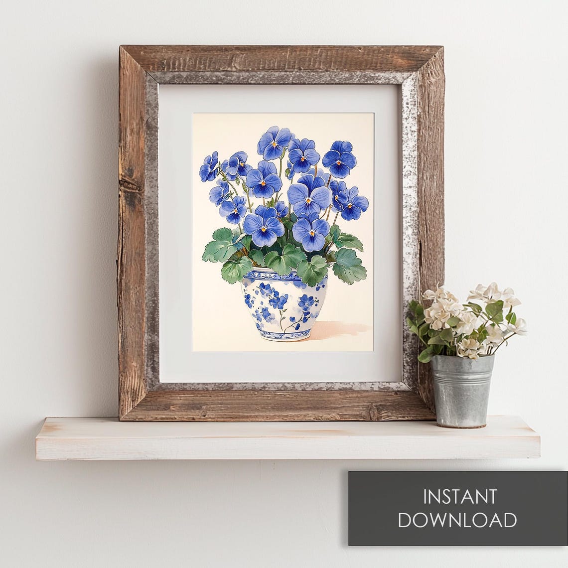 Blue Pansies In A Blue And White Chinoiserie Vase Watercolor Poster - Image 6