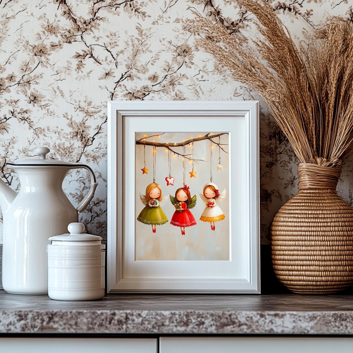 Whimsical Hanging Christmas Angel Ornaments Starry Branch Print - Image 4
