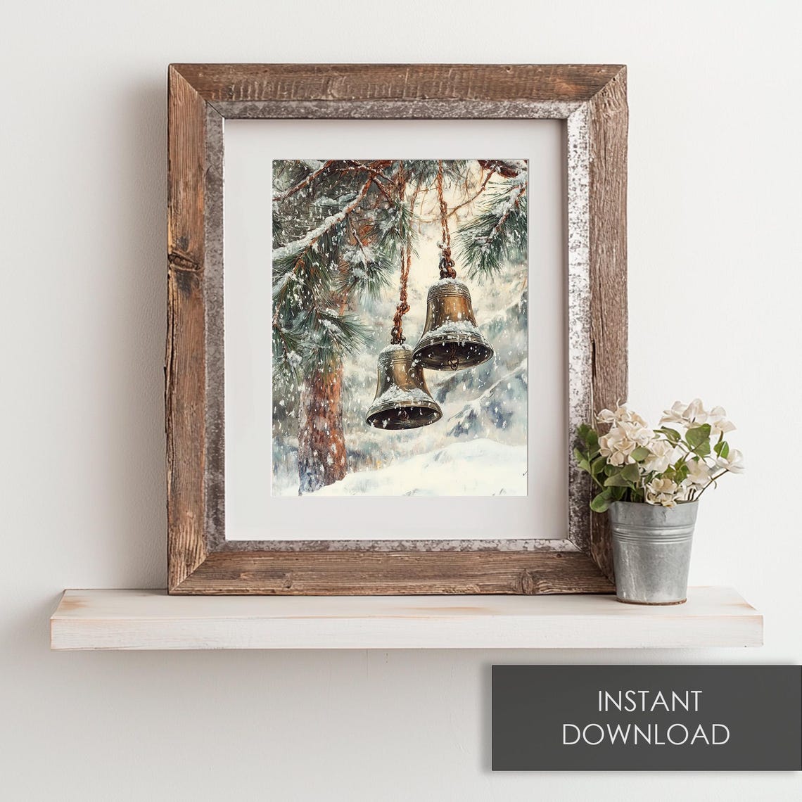 Brass Church Bells Hanging From Snowy Pine Branch Winter Poster - Image 6