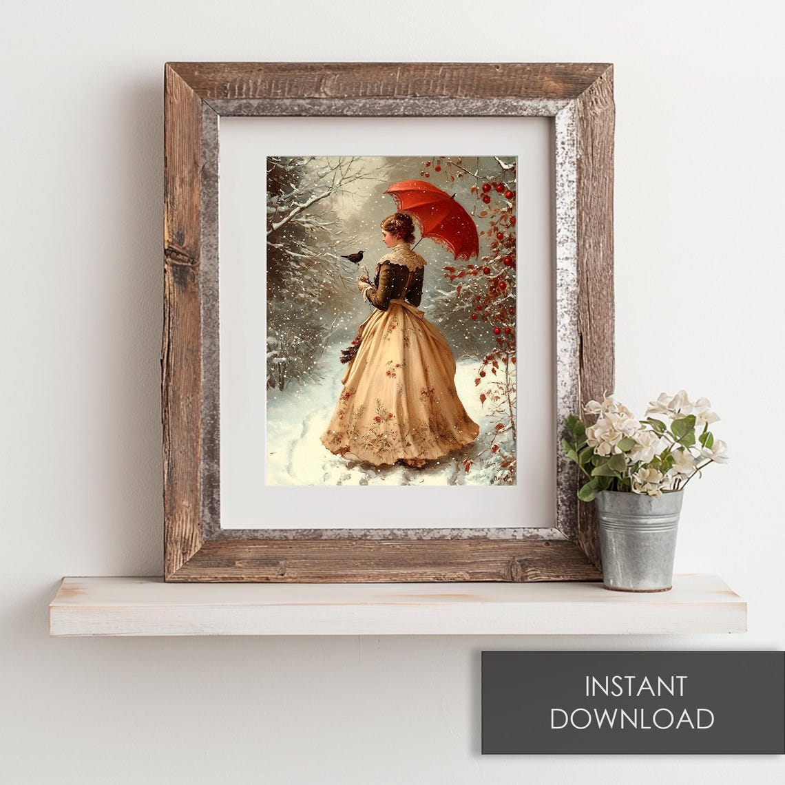 Victorian Lady with Red Umbrella Snowy Winter Garden Painting Poster - Image 6
