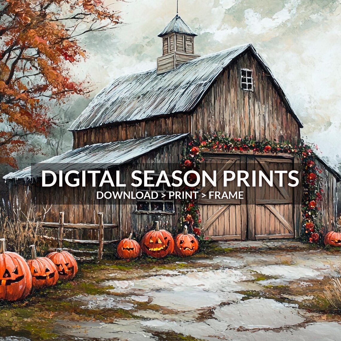 Halloween Barn Jack O Lantern Pumpkins Berry Garland Autumn Night Poster - Image 6