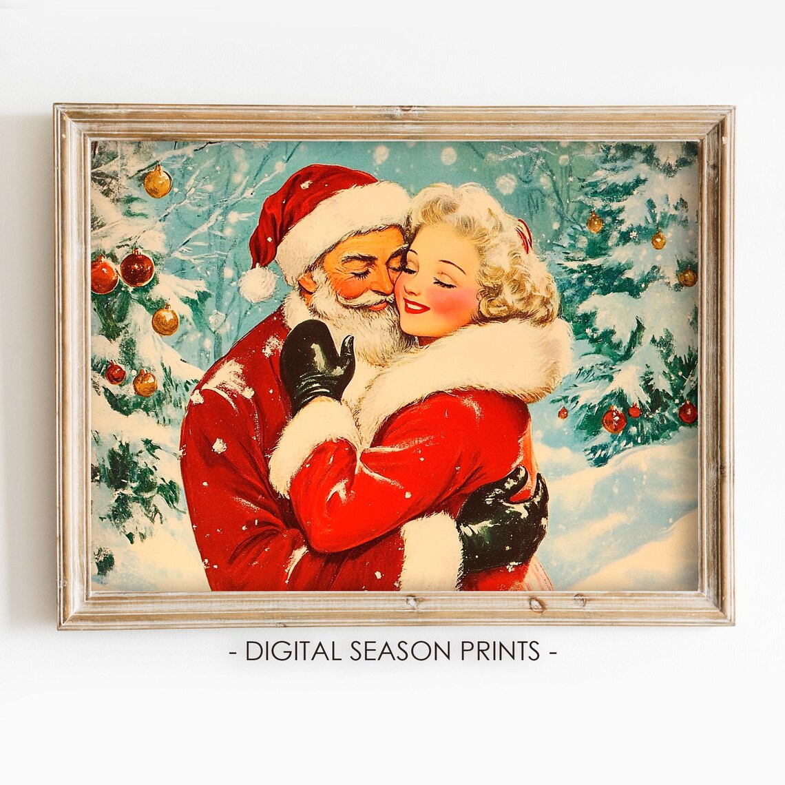 Retro Santa Claus Hugging Blonde Woman Vintage 1950s Christmas Print