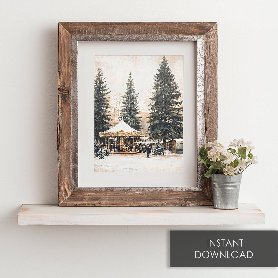 Vintage Christmas Carousel Snowy Park Tall Pines Market Poster - Image 6