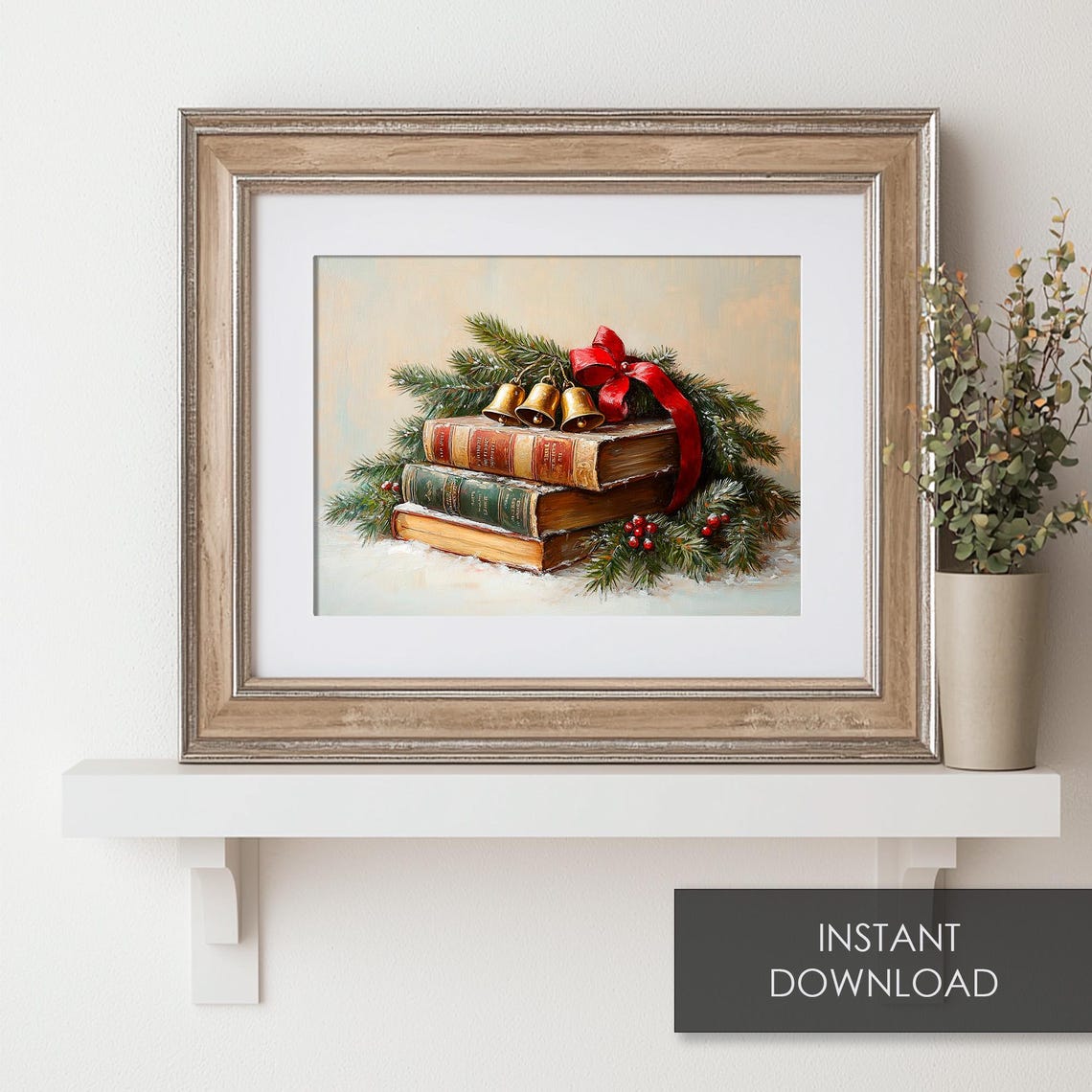 Christmas Books with Jingle Bells Red Ribbon Vintage Holiday Poster - Image 6