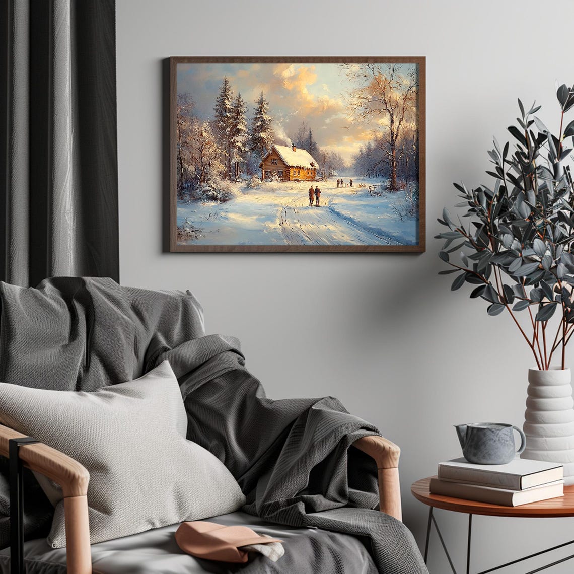 Log Cabin Sunset Frozen Pond Skaters Rustic Winter Art Poster - Image 4