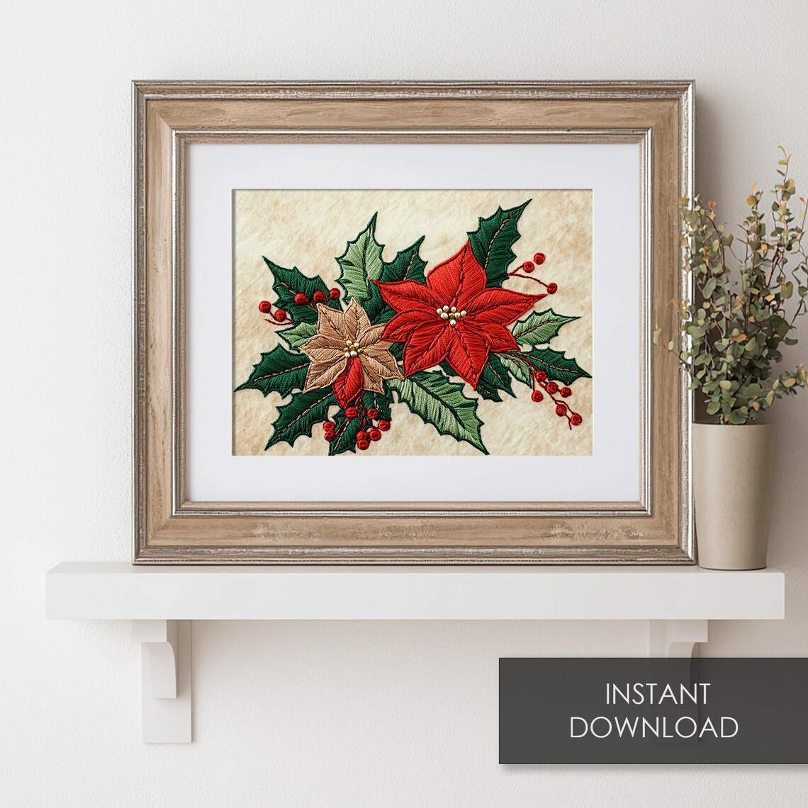 Embroidered Poinsettia Christmas Flower Vintage Holly Berries Print - Image 6