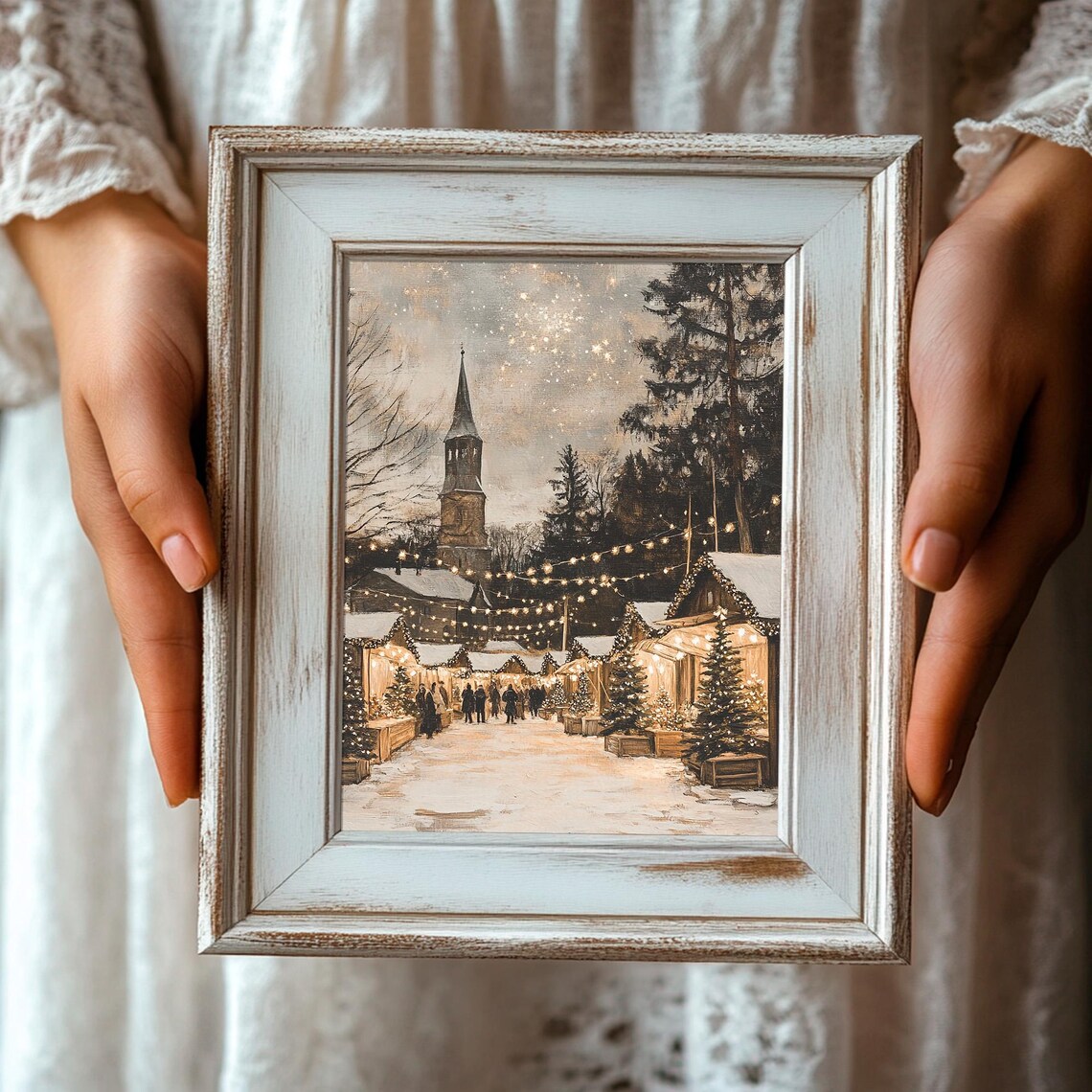 European Christmas Market Night Stalls Church Snow Holiday Poster - Image 3