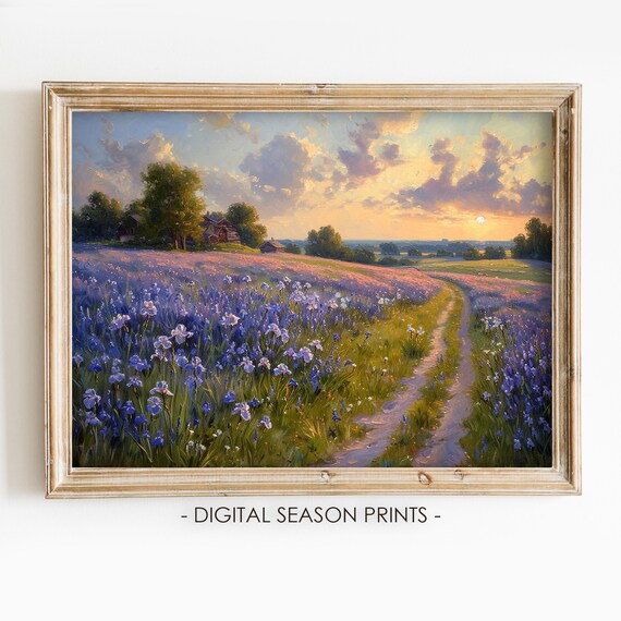 Evening at the Iris Field Purple Flowers Sunset Landscape Poster