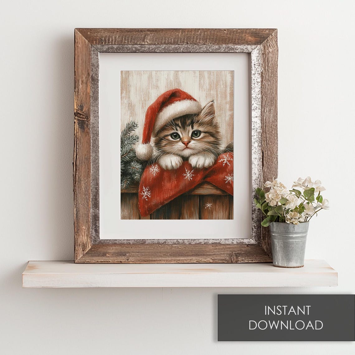 Tabby Kitten in a Santa Hat Peeking Over a Red Stocking Poster - Image 6