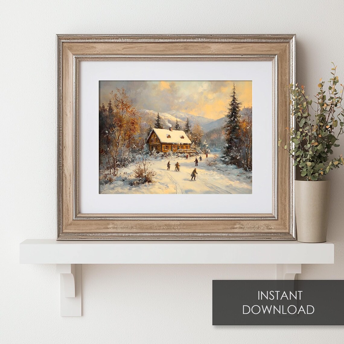 Snowy Mountain Cabin Skiers Sunset Vintage Winter Art Poster - Image 6