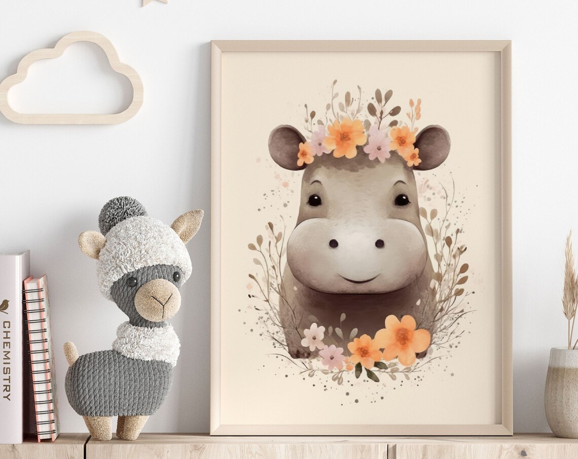 Baby Hippo Wearing a Flower Crown Cute Watercolor Nursery Poster