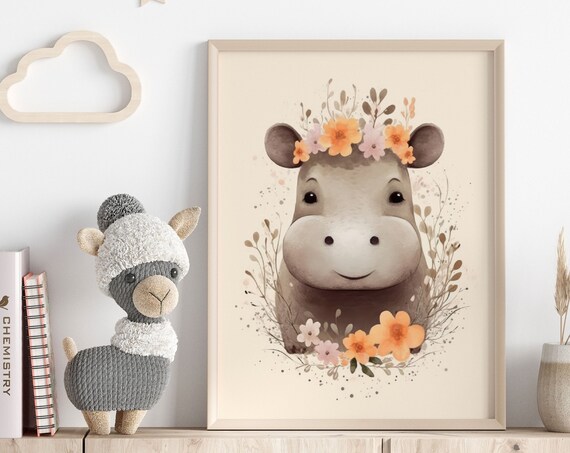 Nursery Wall Decoration Animal Baby Room Cute Hippo Poster With Flowers Pastel Illustration Motif Soft Colors For Playroom