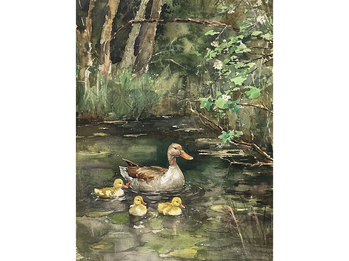 Duck Painting Pond Watercolor Art Print, Forest Lake