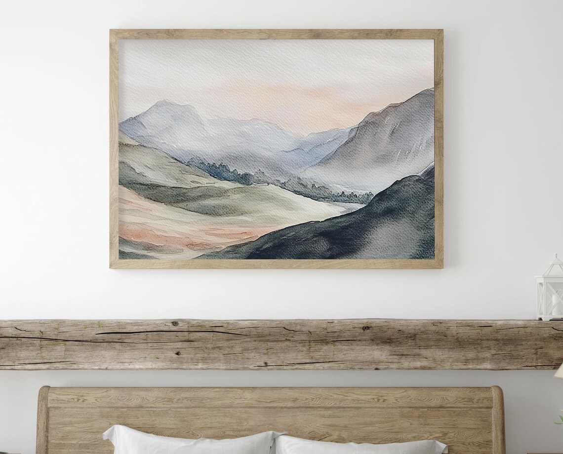 Misty Mountains Watercolor Art Print, Mountain Valley - Image 3