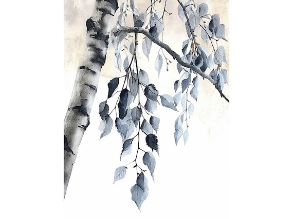 Birch Tree Blue Gray Leaves Minimalist Watercolor Nature Poster