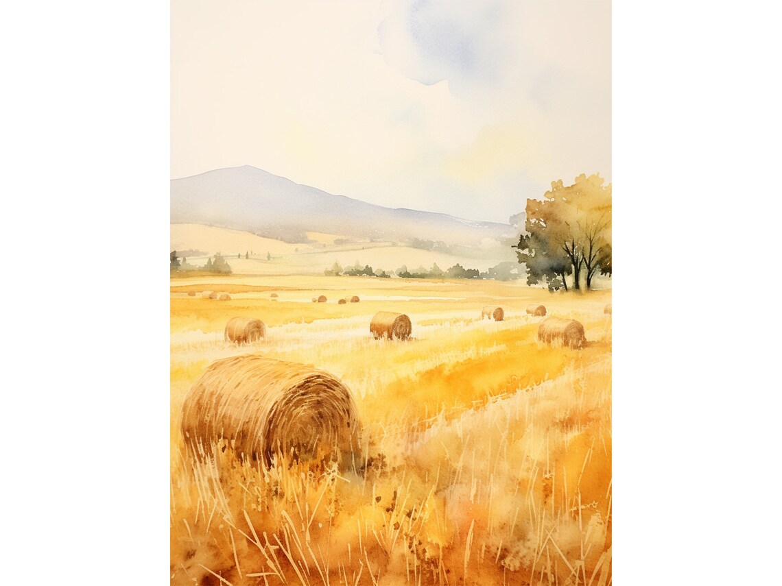 Haystacks Watercolor Painting, Farmhouse Landscape Art Print