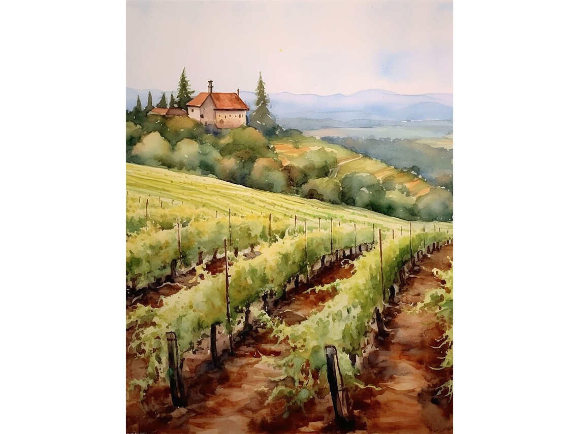 Tuscany Vineyard Watercolor Art Print, Italian Landscape