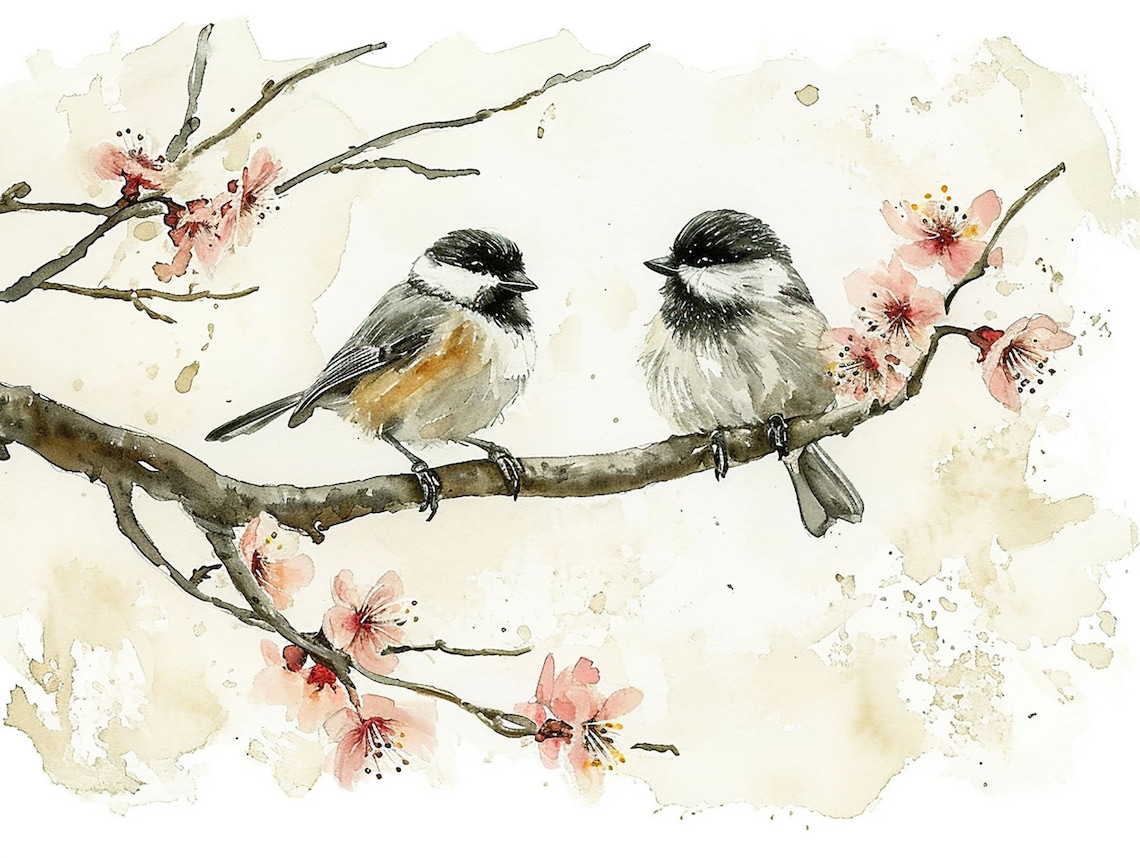 Chickadee Couple Birds Watercolor Art Print, Sakura