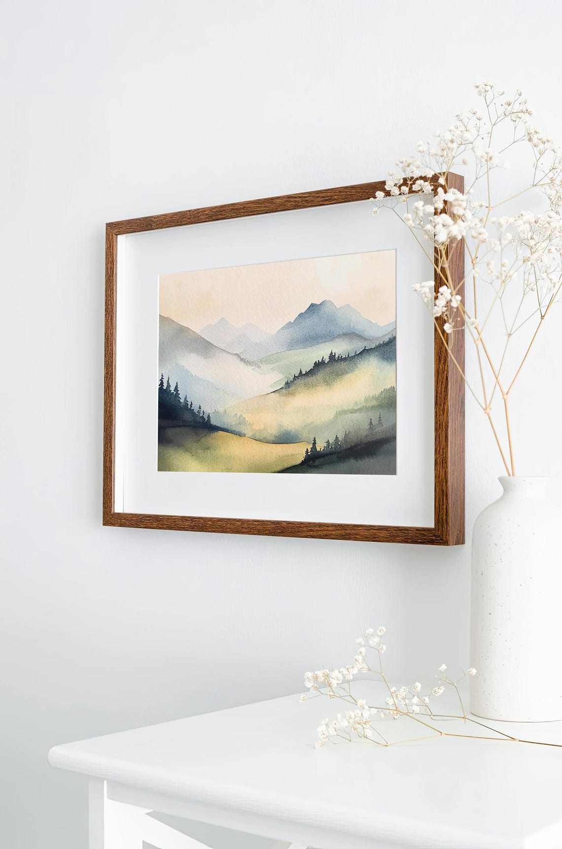 Tranquil Layered Blue Mountain Ridges in Soft Mist Watercolor Poster - Image 2