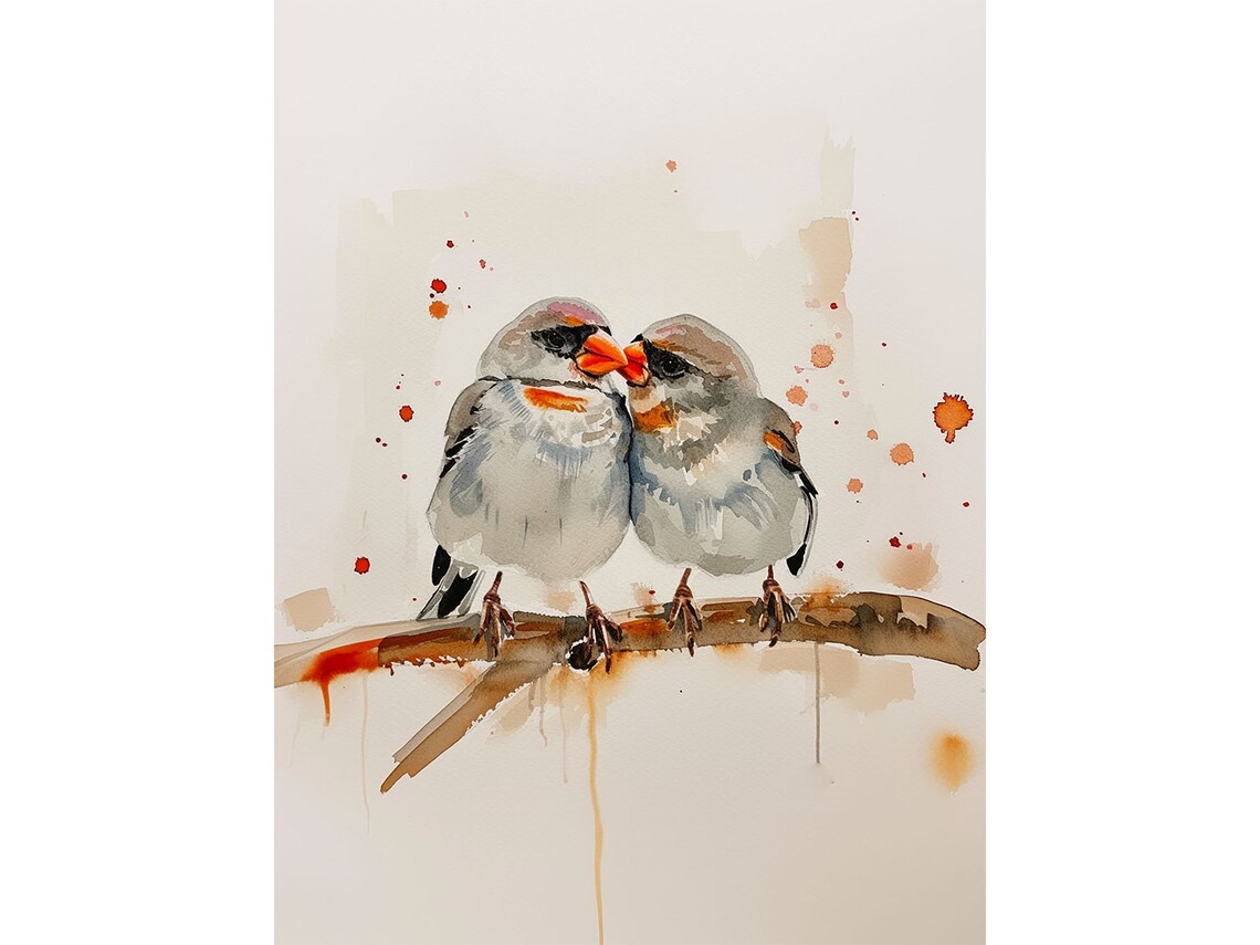 Zebra Finch Kissing Birds Watercolor Art Print