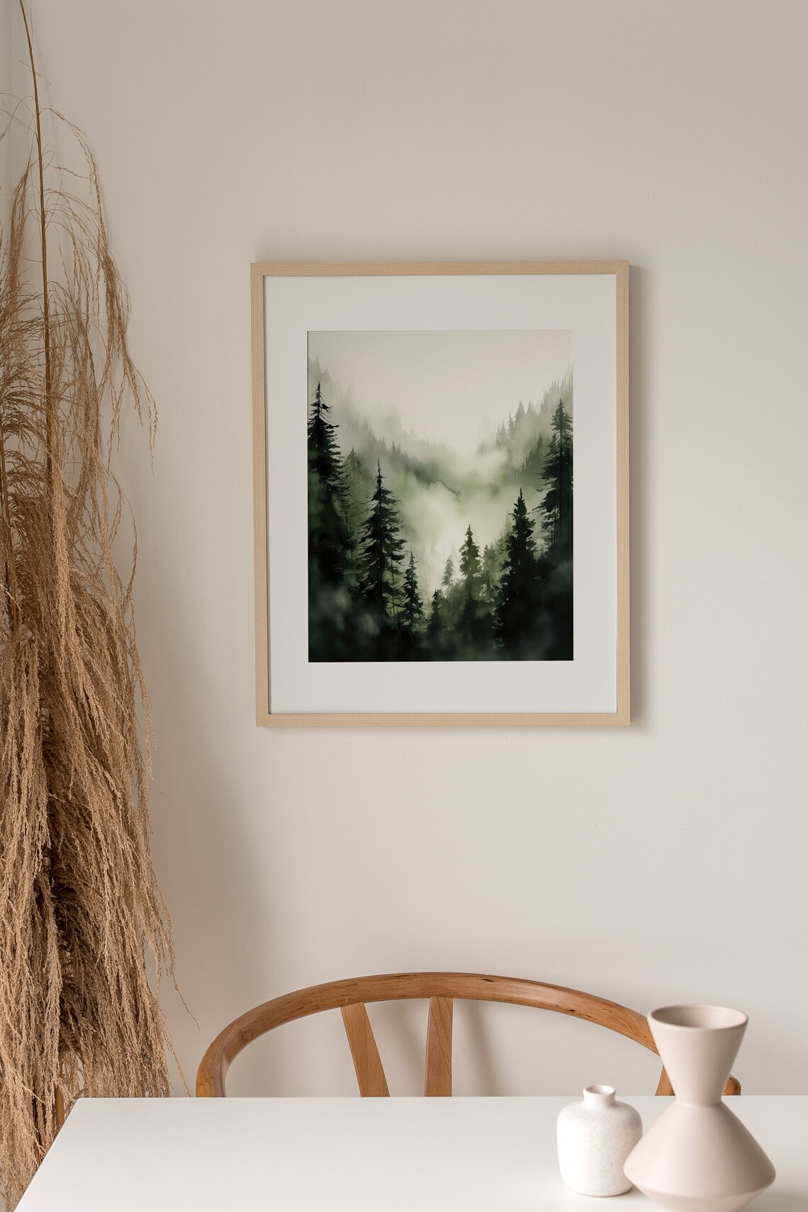 Serene Misty Pine Forest in Fog Moody Green Watercolor Art Poster - Image 3