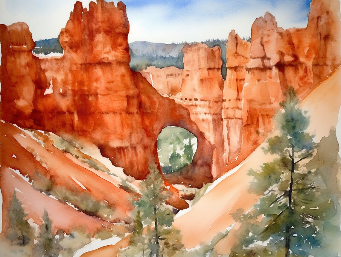 Bryce Canyon Watercolor Art Print, Utah Landscape