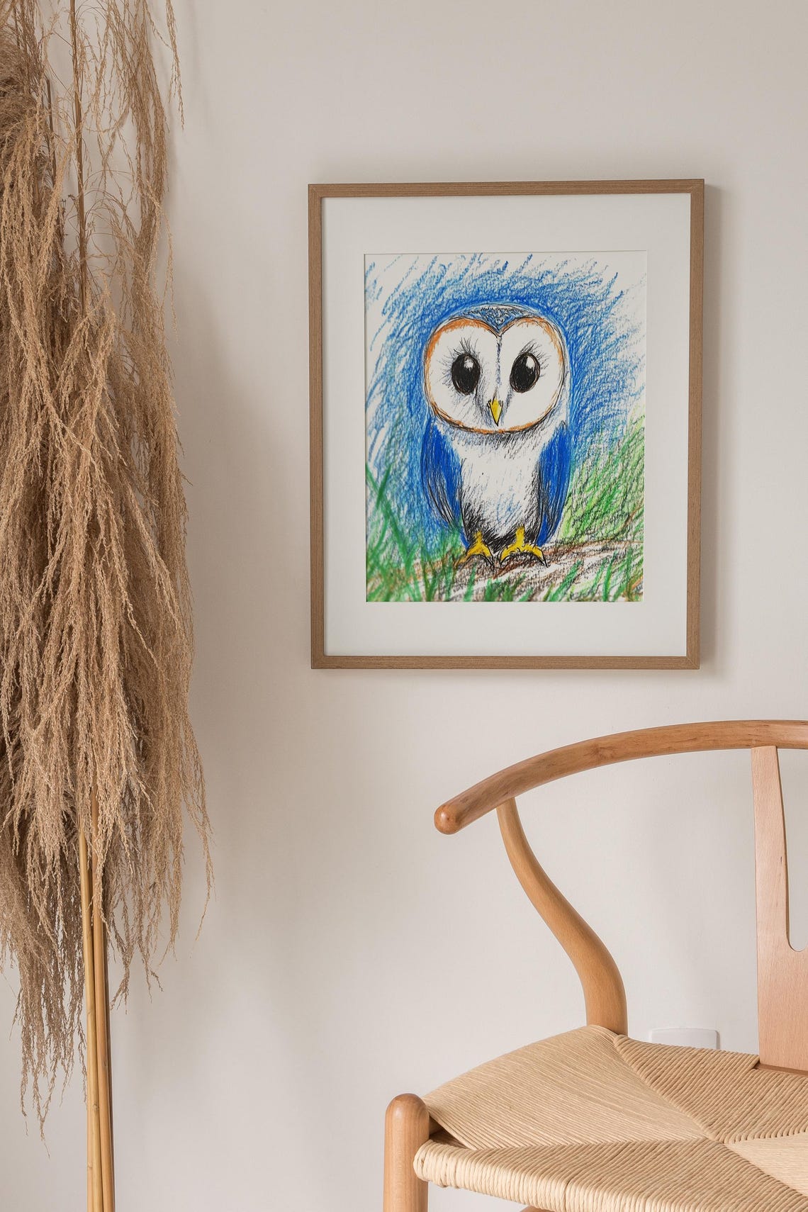 Cute Cartoon Barn Owl Big Eyes Crayon Drawing Kids Room Poster - Image 4