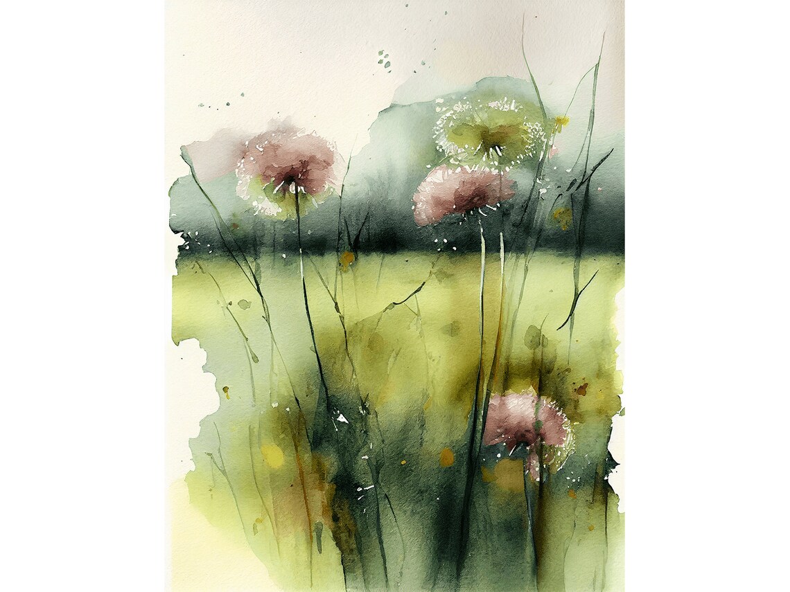 Dandelion Watercolor Meadow Art Print, Floral Wildflowers