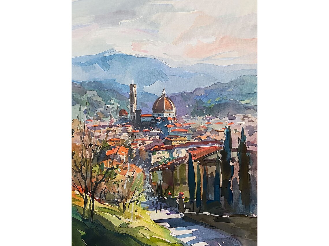 Florence Watercolor Art Print, Italian Skyline