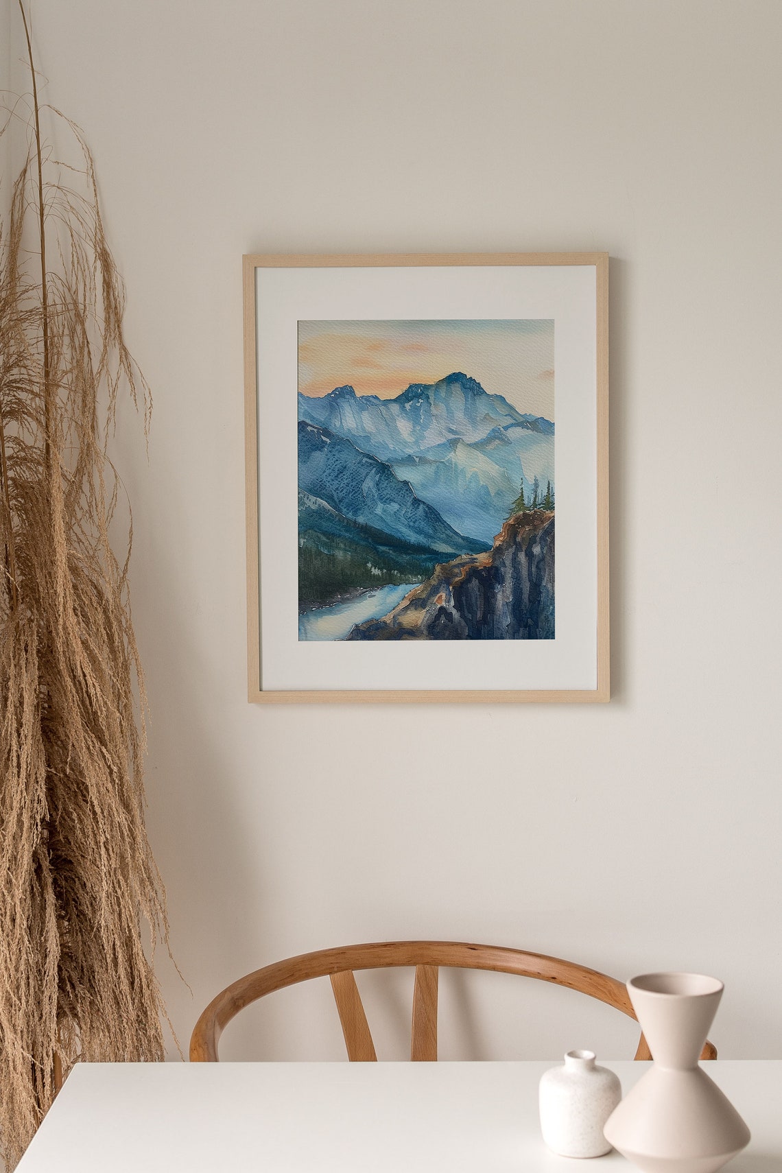 Blue Mountain Ranges Dawn Mist Rocky Cliff Watercolor Poster - Image 4