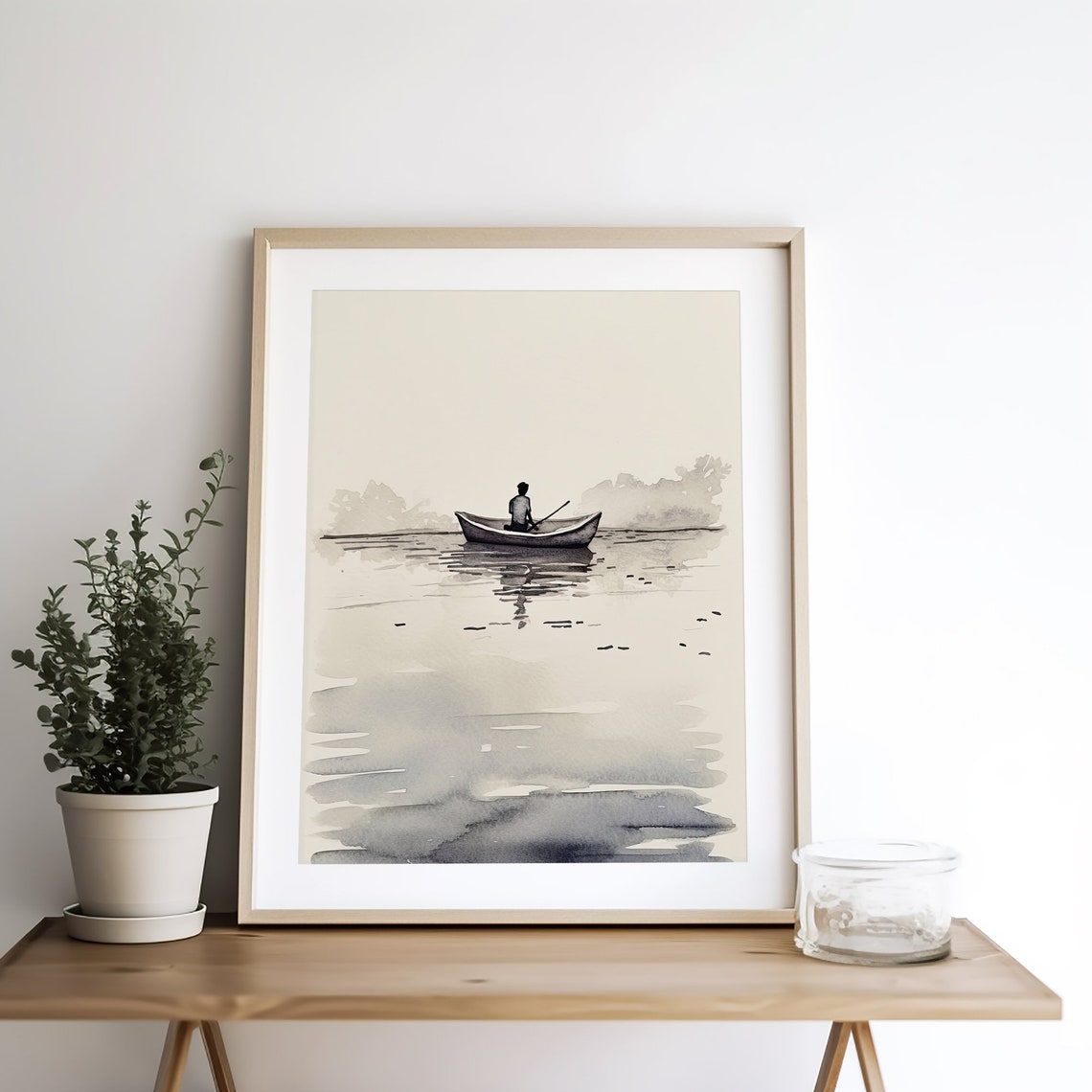 Fisherman Painting Watercolor Lake Superior Art Print Row Boat Wall Art Neutral Blue Poster Fishing Lake House Decor - Image 3