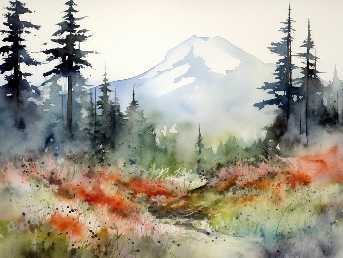 Mount Adams Watercolor Art Print, Evergreen Forest