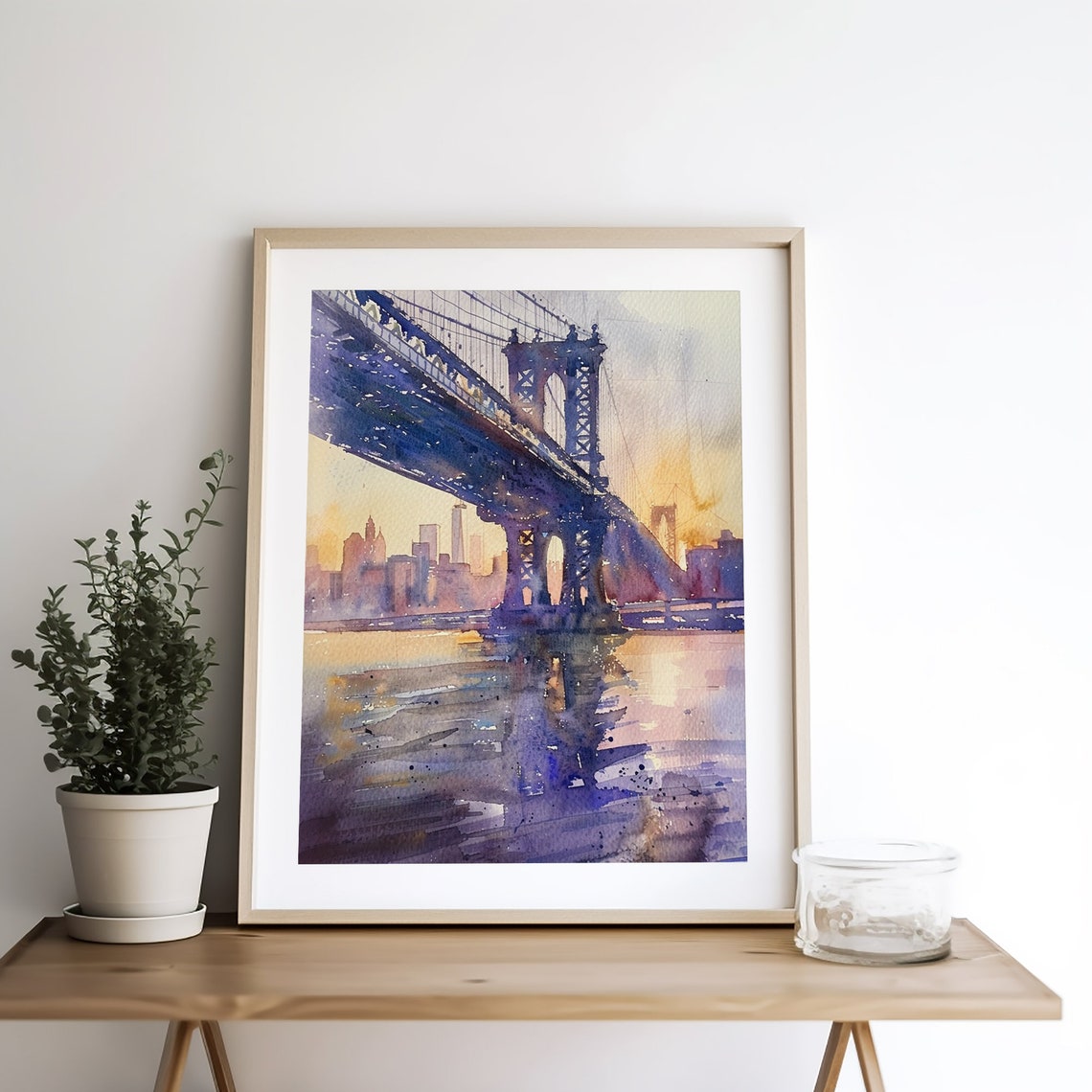 Manhattan Bridge at Sunset with New York Skyline Watercolor Poster - Image 5