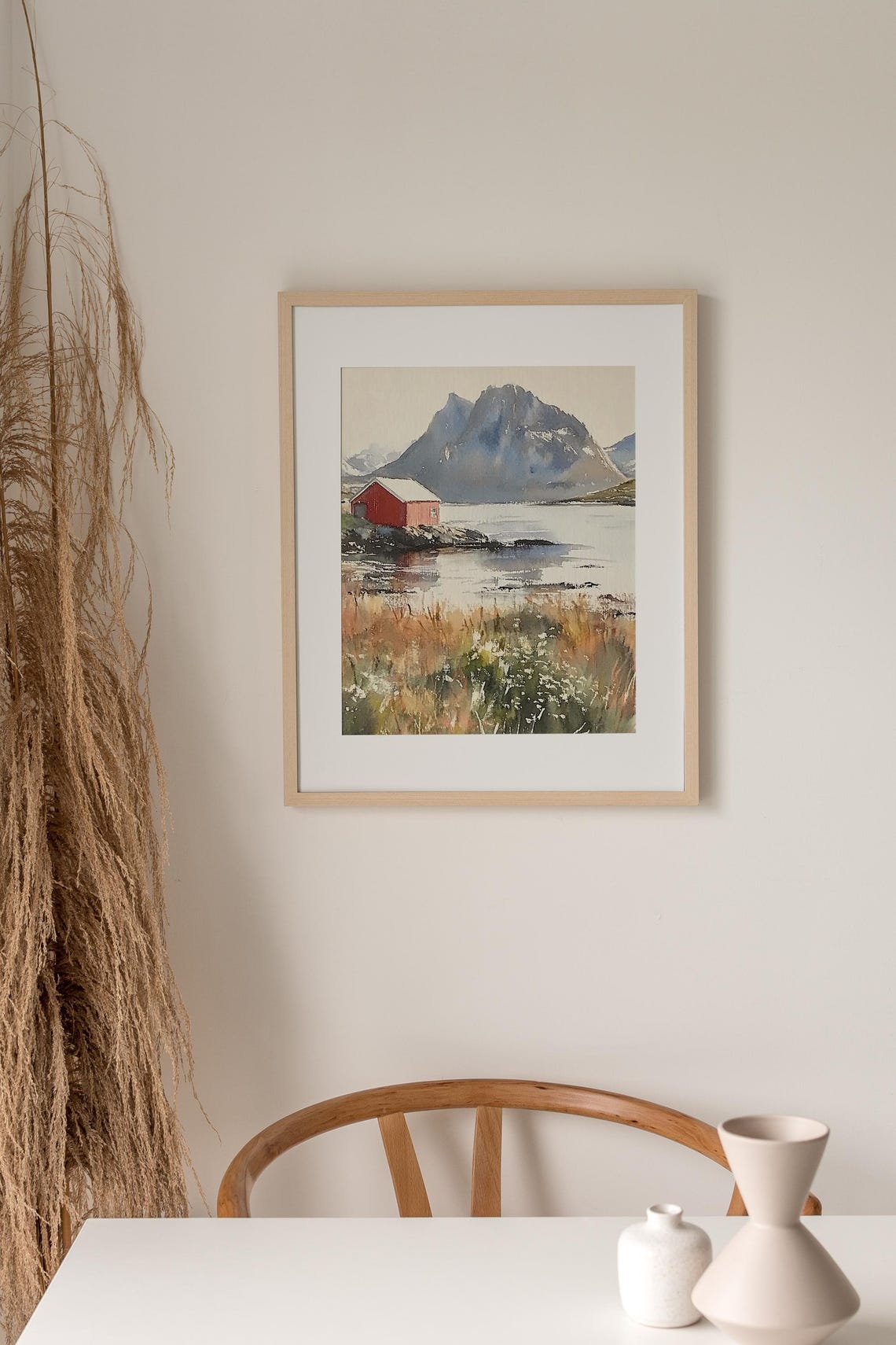 Red Cabin on a Nordic Fjord Beneath Mountain Peaks Watercolor Poster - Image 2