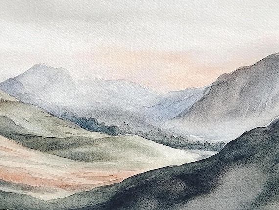 Misty Mountains Watercolor Art Print, Mountain Valley