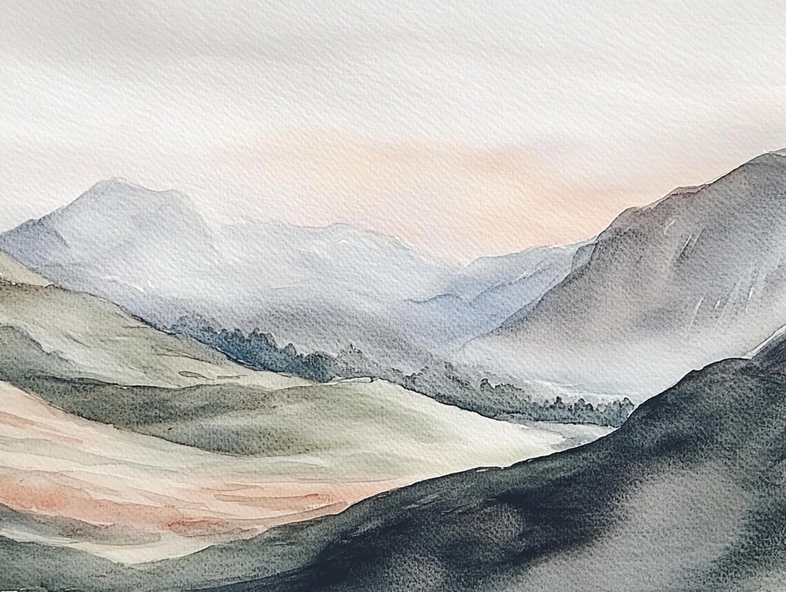 Misty Mountains Watercolor Art Print, Mountain Valley
